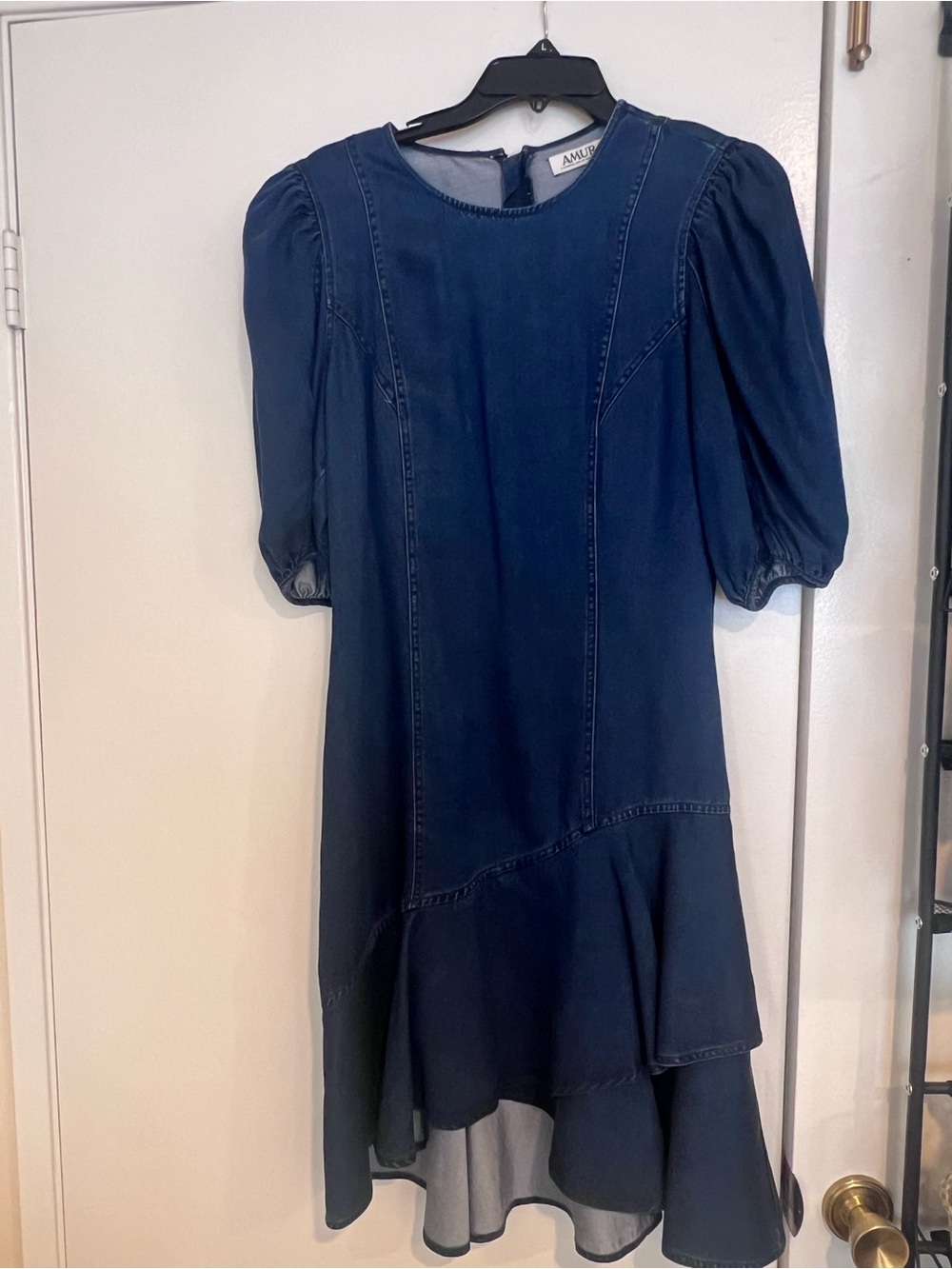 AMUR Navy Puff-Sleeve Flared Hem Dress